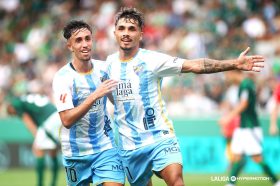 Kevin celebra un gol con el Málaga antes de lesionarse